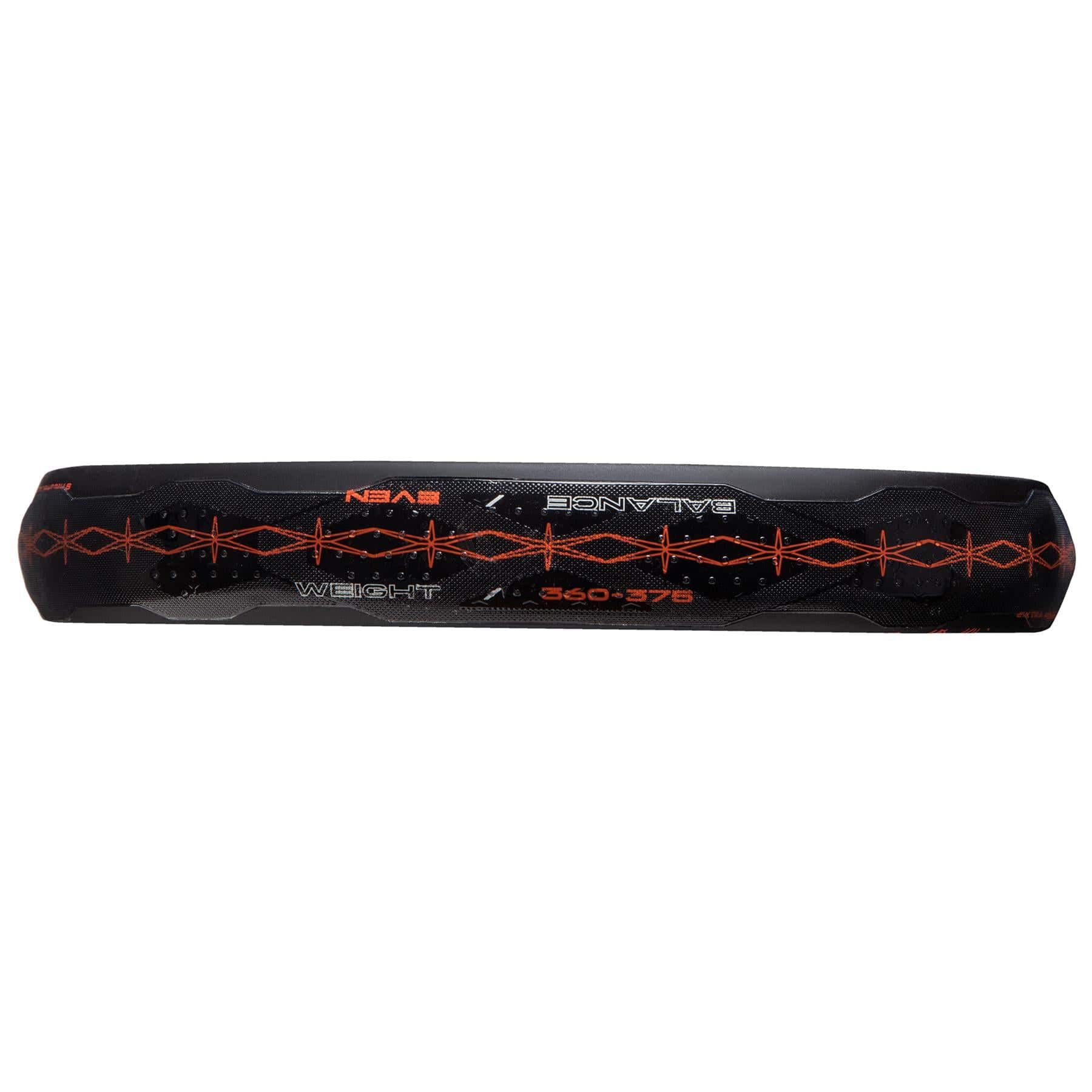 A black and orange ADIDAS Cross It CTRL Padel Racket by adidas, displayed horizontally with geometric patterns and “BALANCE,” “WEIGHT,” and “360-375” labels, giving it a striking, control-oriented look.