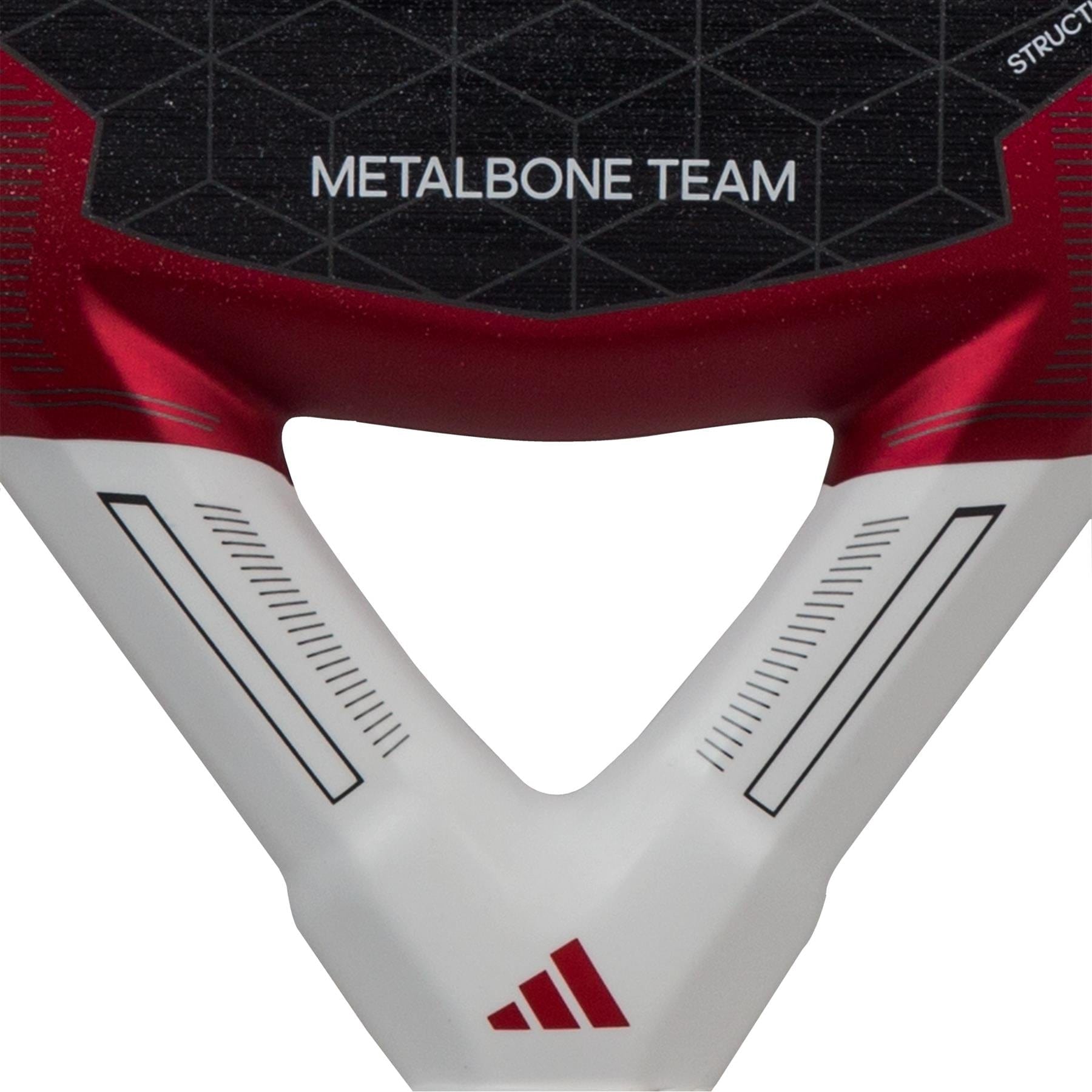 Close-up of the adidas Metalbone Team 3.3 Padel Racket, displaying "METALBONE TEAM" on a black-red background with a geometric pattern, Spin Blade Grit tech, and the red adidas logo on the white lower section.