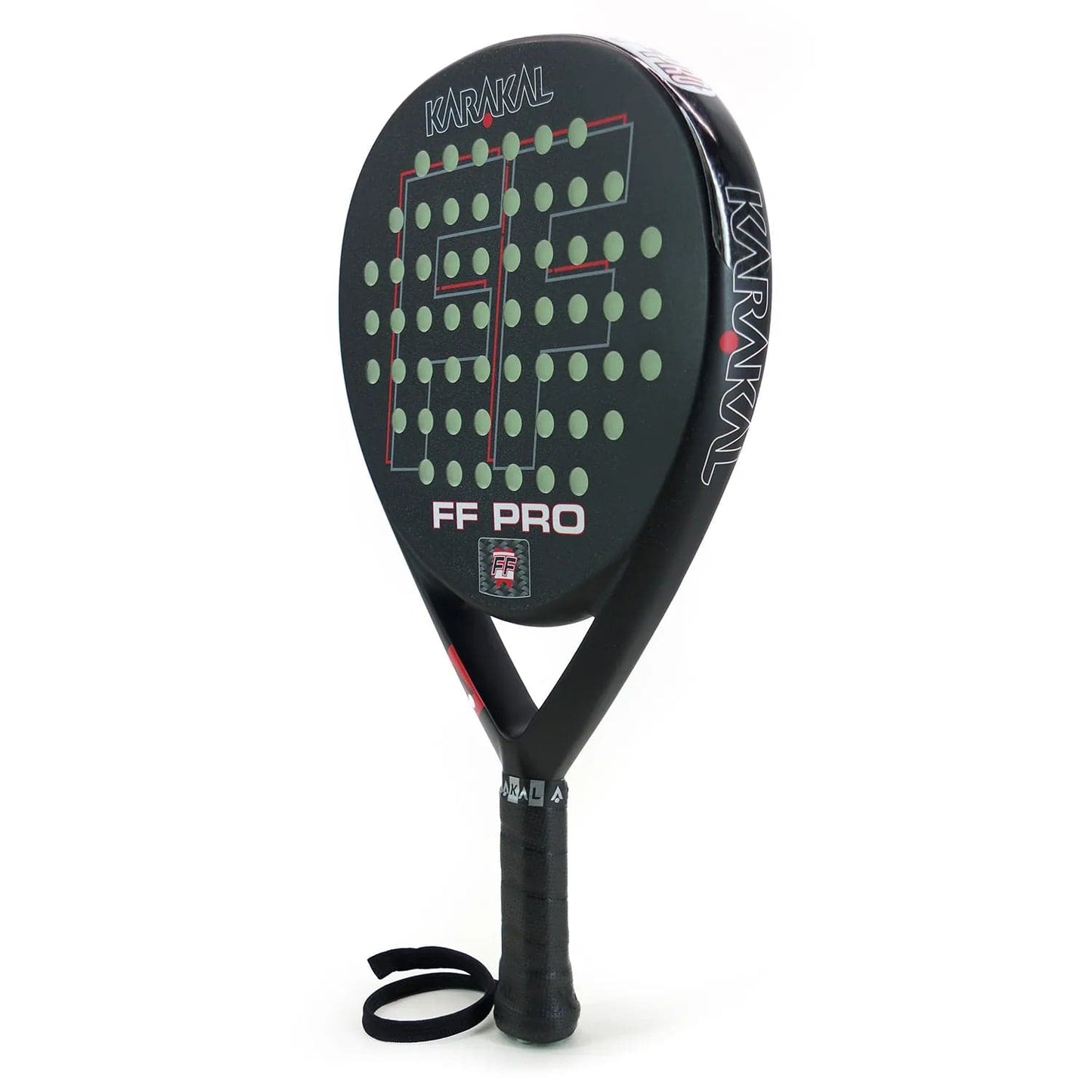 The Karakal FF Pro 375 Padel Racket by Karakal features a black round head, green and red accents, perforated holes for spin, and a black grip with wrist strap—ideal for advanced players.