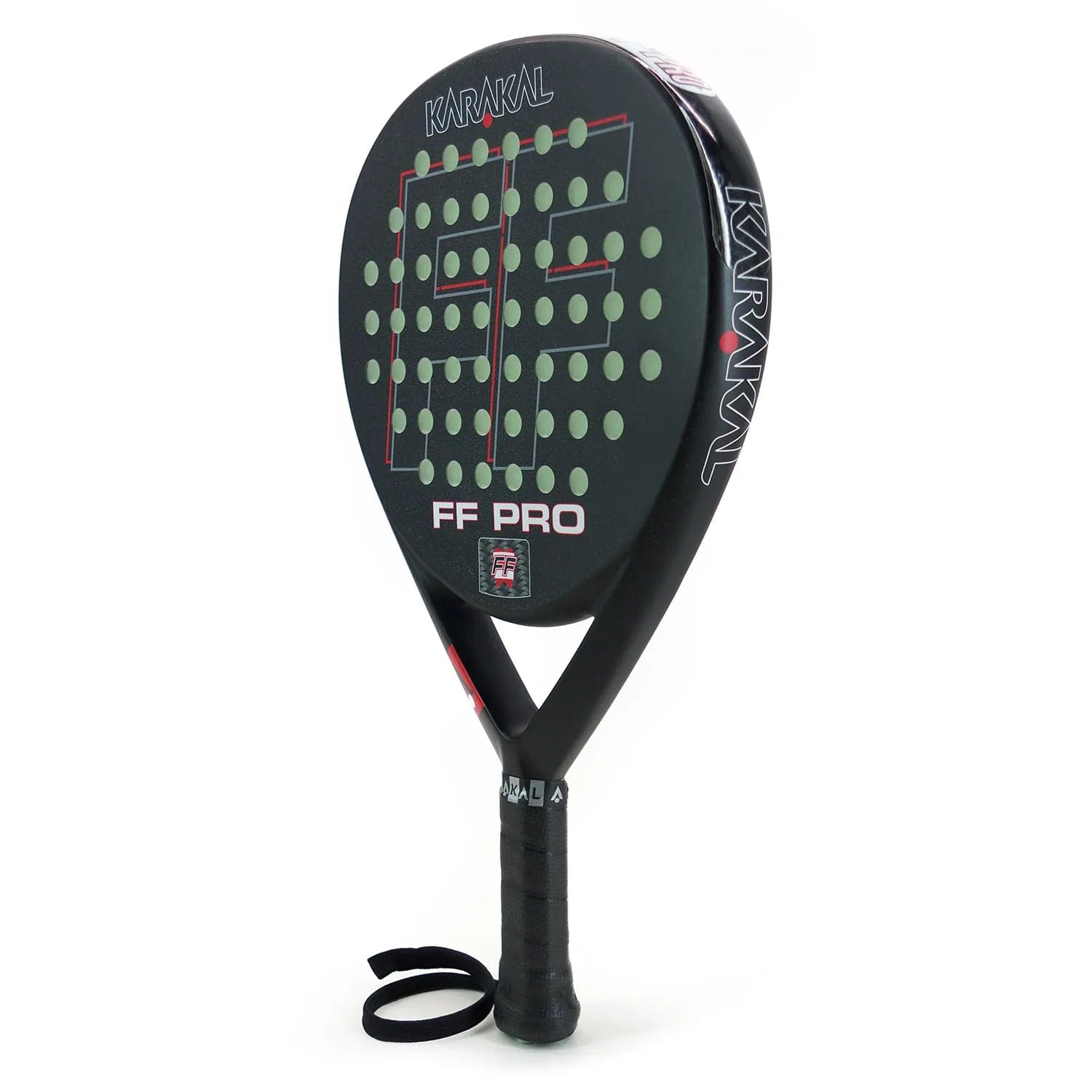 The Karakal FF Pro 375 Padel Racket by Karakal features a black round head, green and red accents, perforated holes for spin, and a black grip with wrist strap—ideal for advanced players.