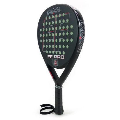 The Karakal FF Pro 375 Padel Racket by Karakal features a black round head, green and red accents, perforated holes for spin, and a black grip with wrist strap—ideal for advanced players.