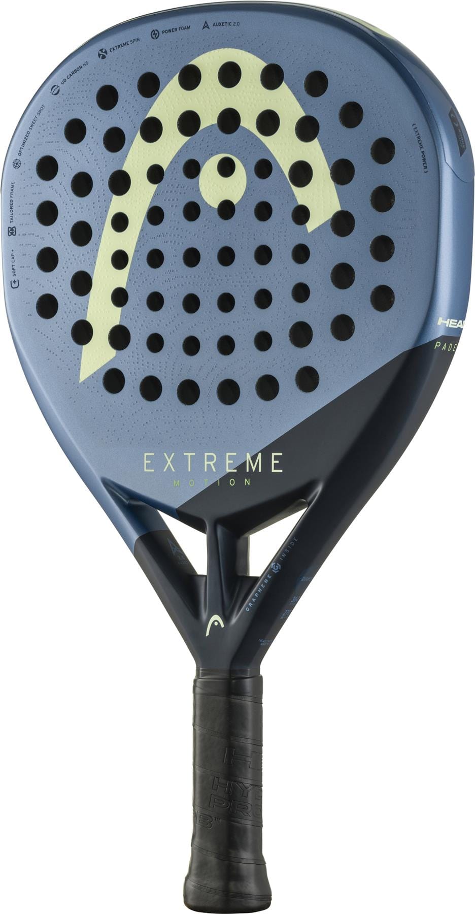 The HEAD Extreme Motion 2025 Padel Racket by HEAD features a blue and black design, bold yellow “EXTREME MOTION” branding, multiple perforations on the face, and a black grip handle for enhanced power.