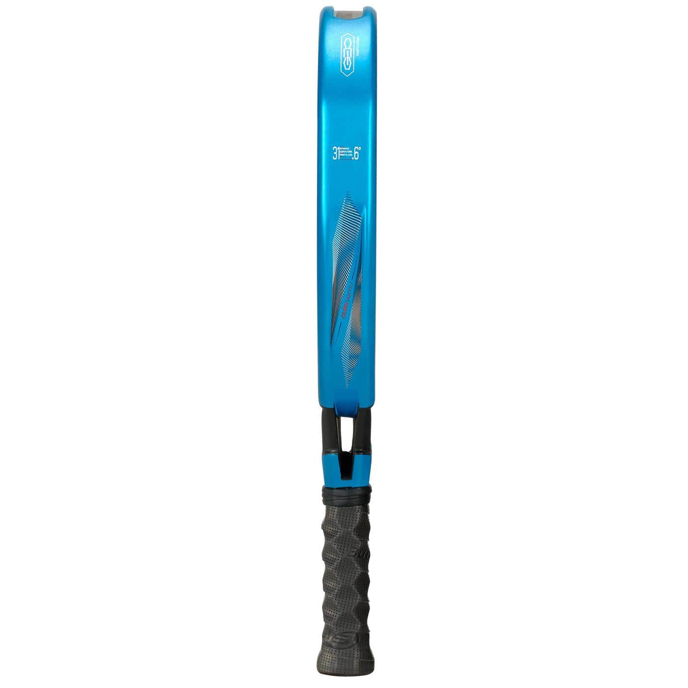 The Bullpadel Vertex 05 GEO 2026 Padel Racket is shown from the side, highlighting its blue frame, black grip handle, modern design, and visible Bullpadel logo and model name near the top of the racket.