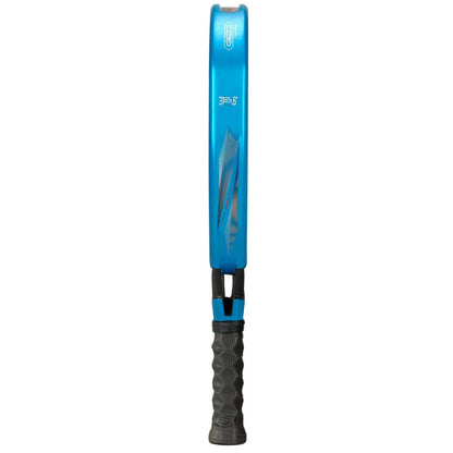 The Bullpadel Vertex 05 GEO 2026 Padel Racket is shown from the side, highlighting its blue frame, black grip handle, modern design, and visible Bullpadel logo and model name near the top of the racket.
