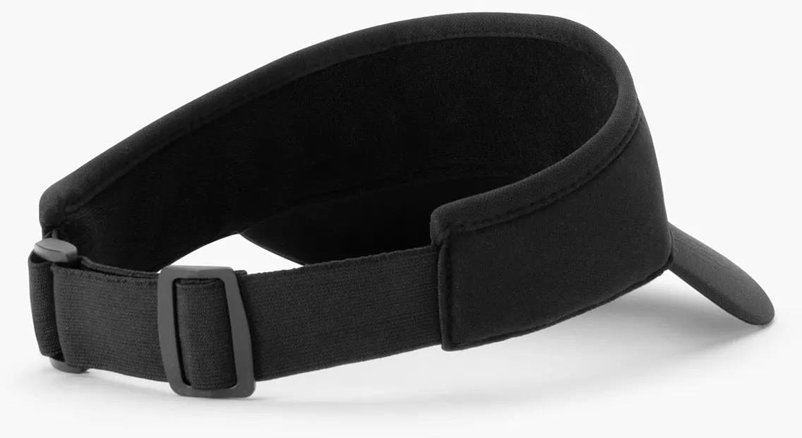 The Yonex 40126EX Padel Visor in black, made from breathable polyester with an adjustable rear strap and buckle, is shown from the back on a white background.
