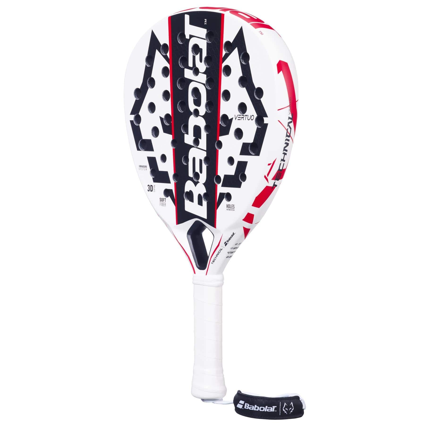 The Babolat Technical Vertuo Juan Lebrón Padel Racket features a white design with black and red accents, a perforated surface, white grip, and matching wrist strap—ideal for technical striker racket enthusiasts.
