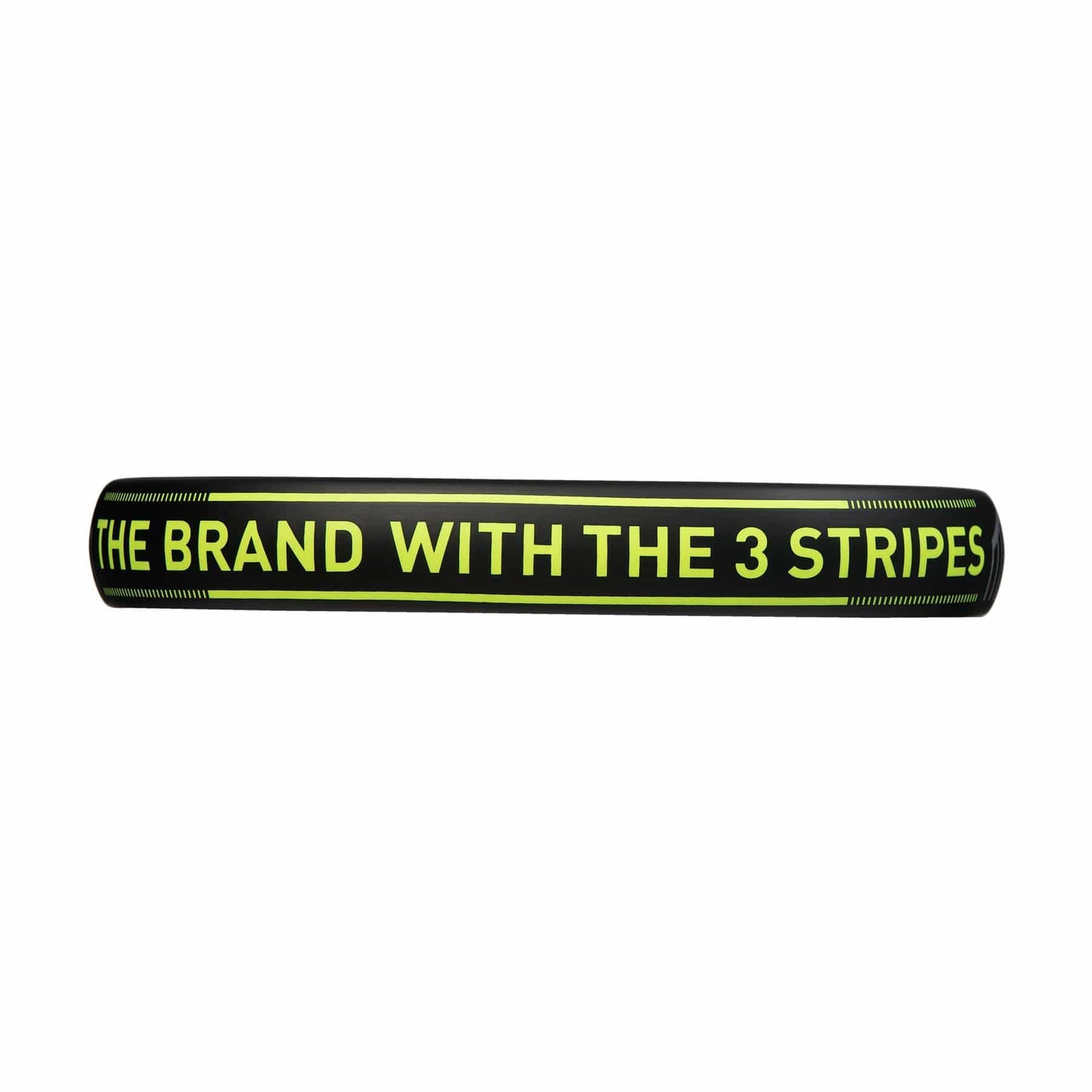 The adidas Match 3.3 Black / Lime Padel Racket features a black cylindrical design with "THE BRAND WITH THE 3 STRIPES" in bold yellow-green—perfect for beginners seeking iconic adidas style on the court.