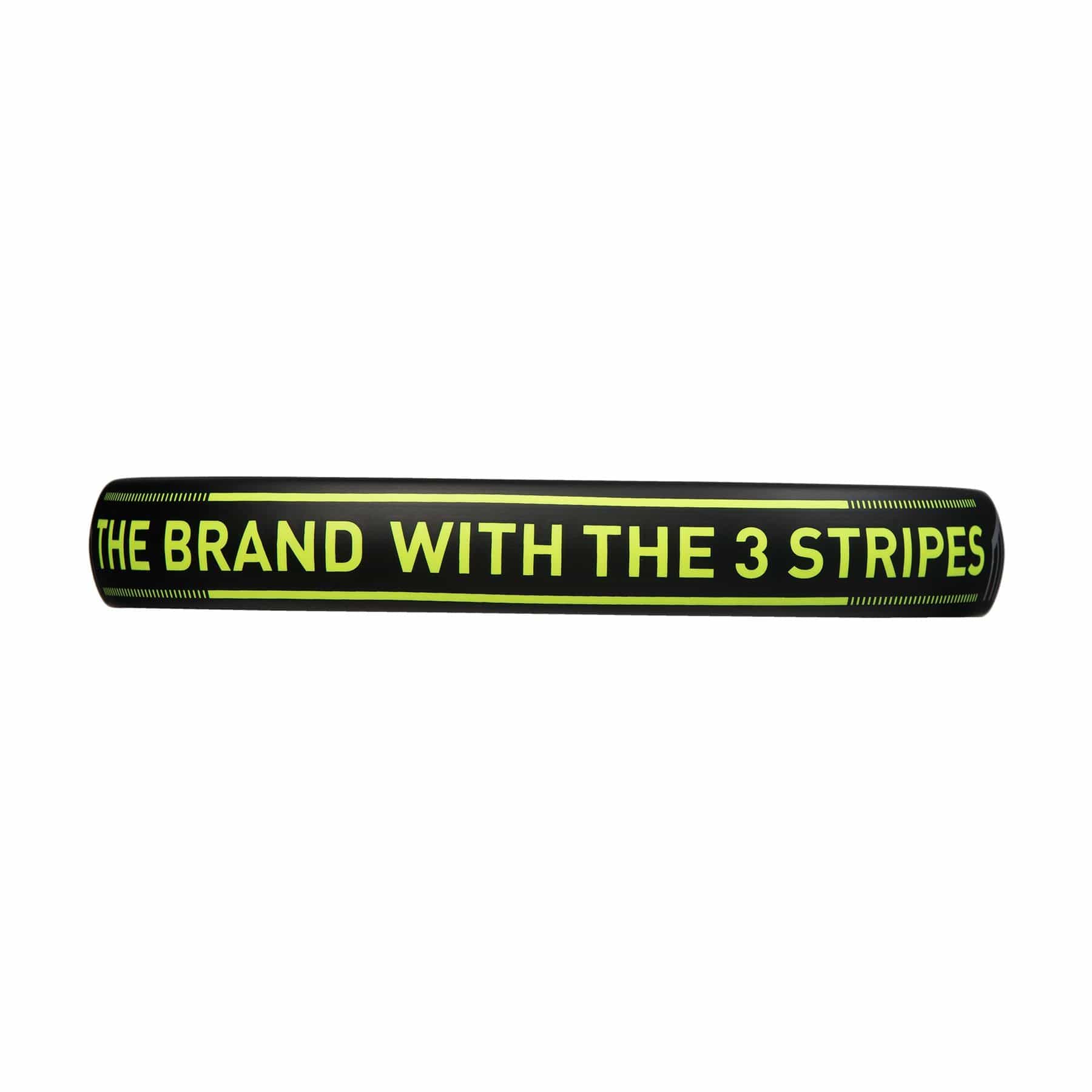 The adidas Match 3.3 Black / Lime Padel Racket features a black cylindrical design with "THE BRAND WITH THE 3 STRIPES" in bold yellow-green—perfect for beginners seeking iconic adidas style on the court.