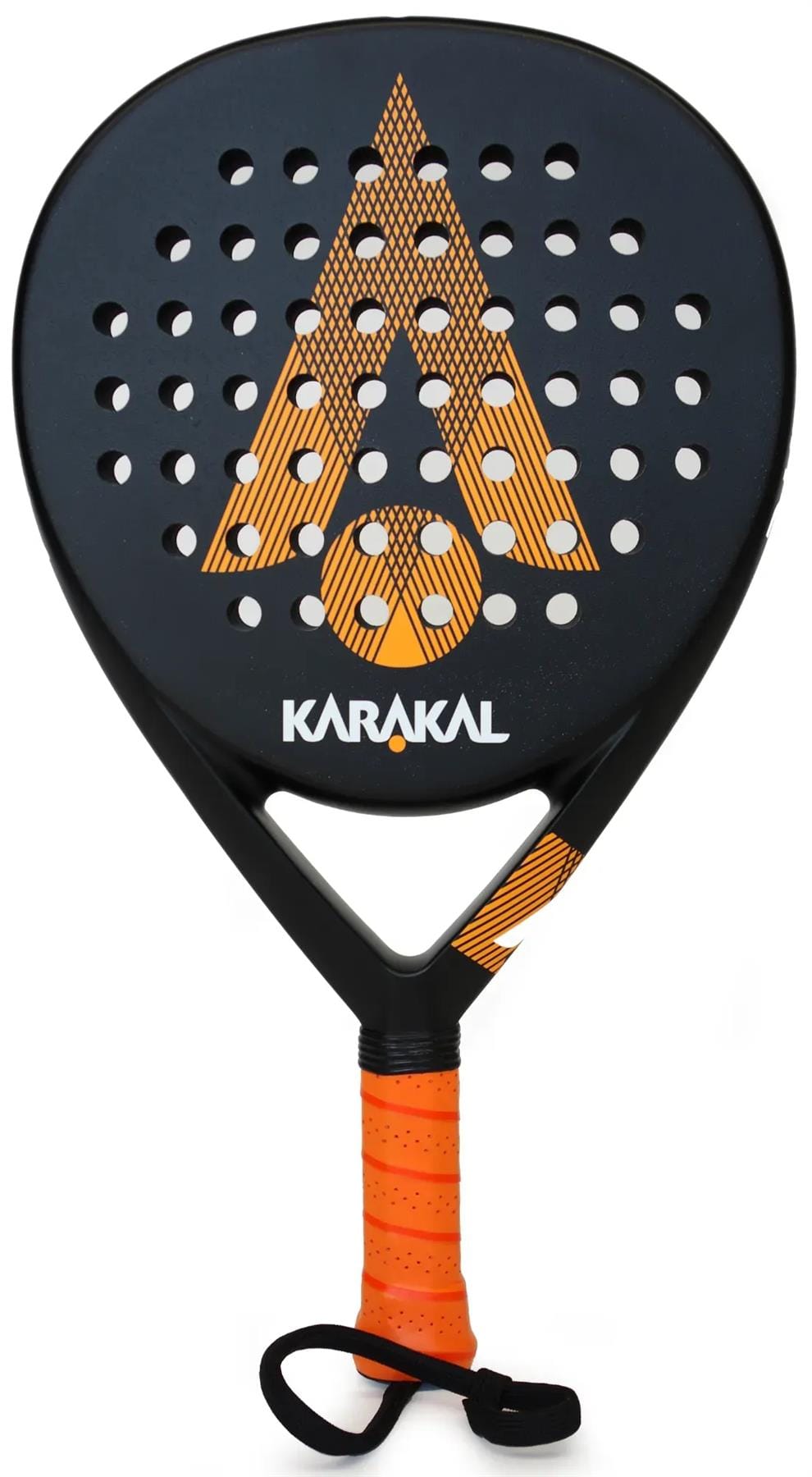 The Karakal Air Lite 345 Padel Racket by Karakal is a black and orange teardrop padel racket with a yellow handle, designed to be lightweight for easy handling.