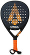 The Karakal Air Lite 345 Padel Racket by Karakal is a black and orange teardrop padel racket with a yellow handle, designed to be lightweight for easy handling.