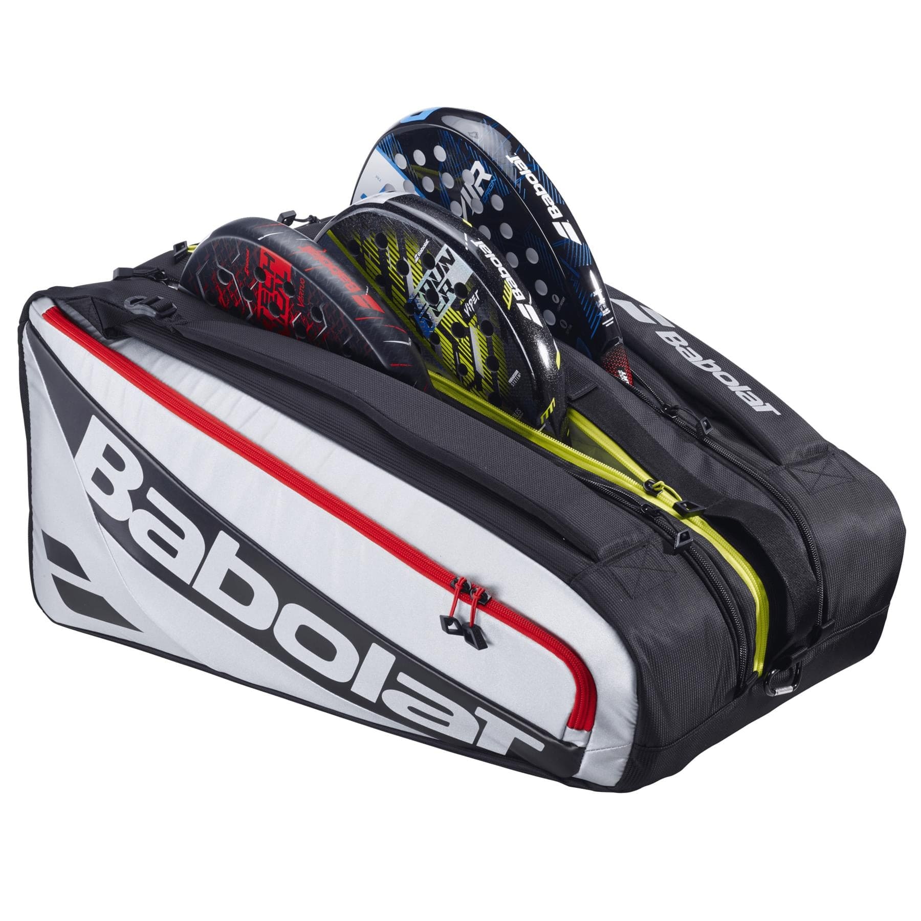 The Babolat RH Pro Padel Racket Bag - Black / Silver features large capacity with three padel rackets partially visible in separate compartments, plus an insulated racket compartment to protect your gear.