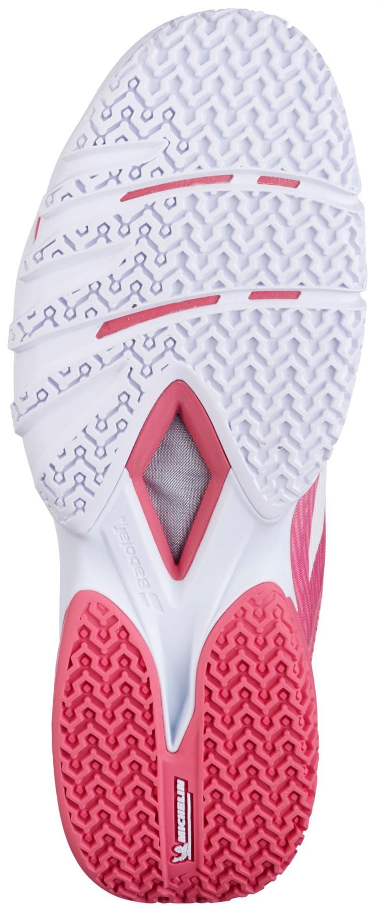 The image shows the sole of the Babolat Premura 3 Women’s Padel Shoes - Sun Kissed Coral, mostly white with pink accents, textured tread for grip, and a visible mesh section in the midfoot for breathability.