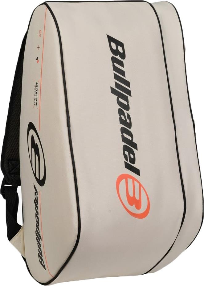 The Bullpadel BPP26015 Tour 2026 Padel Racket Bag in white features black zippers, orange detailing, a side logo, and thermal racket compartments—ideal for carrying all your padel equipment.