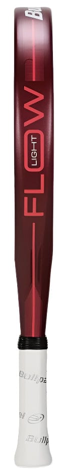 The Bullpadel Flow Light 2025 Padel Racket by Bullpadel is shown from the side, displaying "FLOW" in bold red and "LIGHT" in a white box, plus a white grip—highlighting its lightweight design.