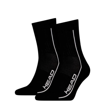 The HEAD Performance Short Crew Padel Socks (2 Pack) in black feature a white vertical stripe and "HEAD" text. Designed for sports or casual wear, these socks include ribbed cuffs, textured sections, and arch support.