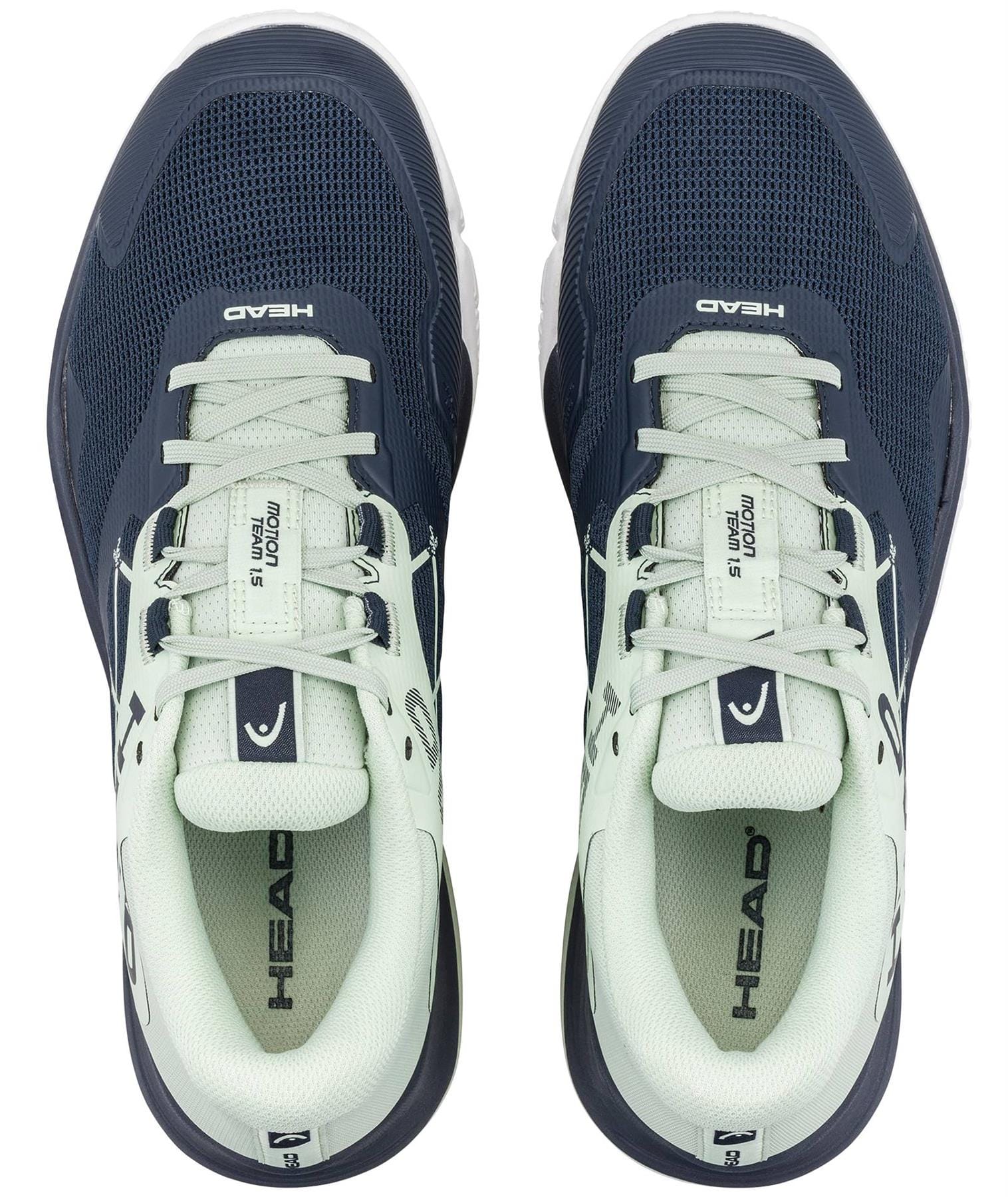 The HEAD Motion Team 1.5 Men's Padel Shoes by HEAD, in blue and green, feature visible branding on the tongues—ideal court shoes for top performance.