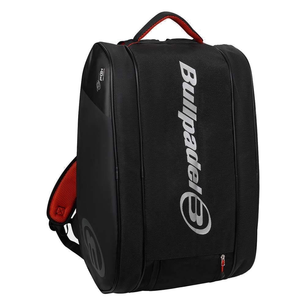The Bullpadel BPP26020 Neuron Padel Racket Bag in black features a hard shell, top handle, padded straps, red lining, bold white Bullpadel branding, and thermal compartments to protect your gear.