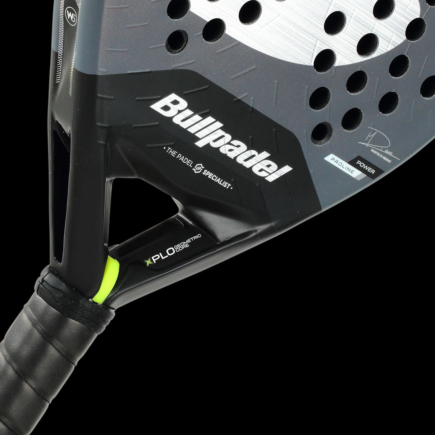 Close-up of a black Bullpadel XPLO Comfort 2026 Padel Racket with perforated holes, a black grip, and branding on the frame, featuring "Bullpadel" and "X-PL" near the handle for exceptional comfort.