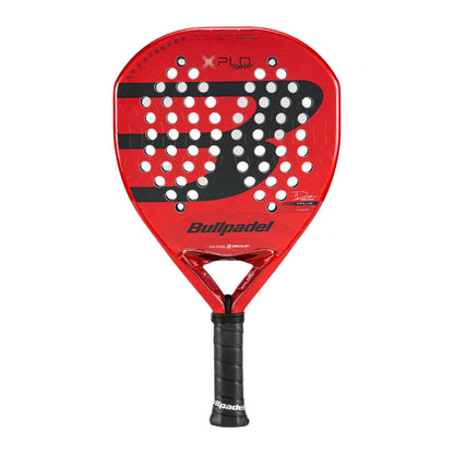 The Bullpadel Xplo Comfort 2025 Padel Racket by Bullpadel features a red design with black and white accents, a perforated hitting surface, and a black grip handle, built for explosive power on the court.