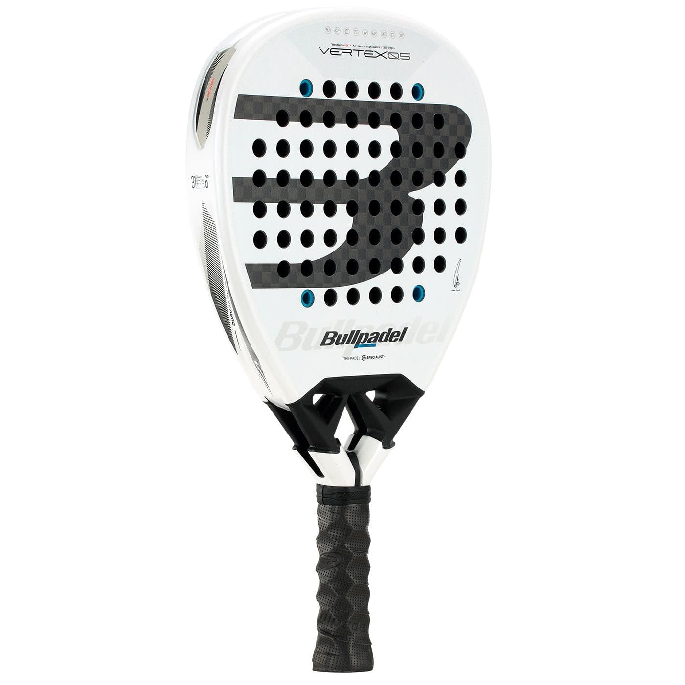 The Bullpadel Vertex 05 2026 Padel Racket features a white design, large black "B" logo, perforated face, and a black textured grip—ideal for high-performance players. Photographed against a plain white background.