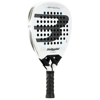 The Bullpadel Vertex 05 2026 Padel Racket features a white design, large black "B" logo, perforated face, and a black textured grip—ideal for high-performance players. Photographed against a plain white background.