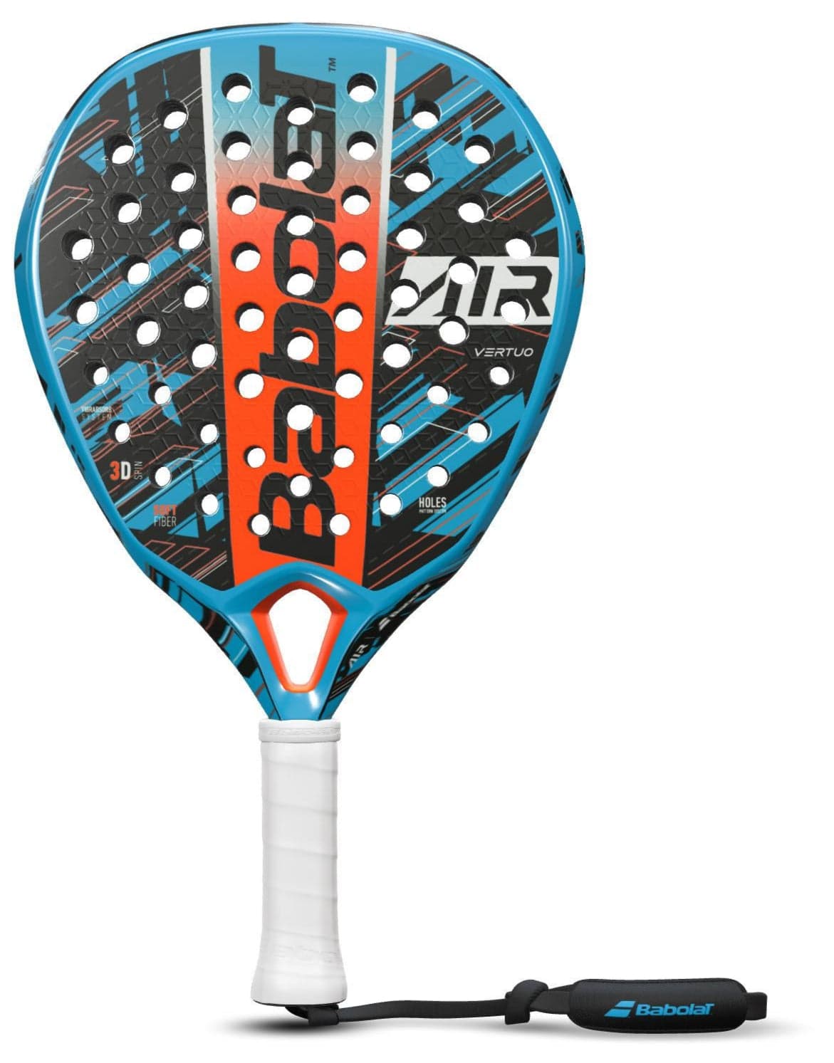 The Babolat Air Vertuo Padel Racket features a lightweight blue, black, and orange design with a white grip, black wrist strap, multiple holes, and the Babolat brand name in large letters on the face.