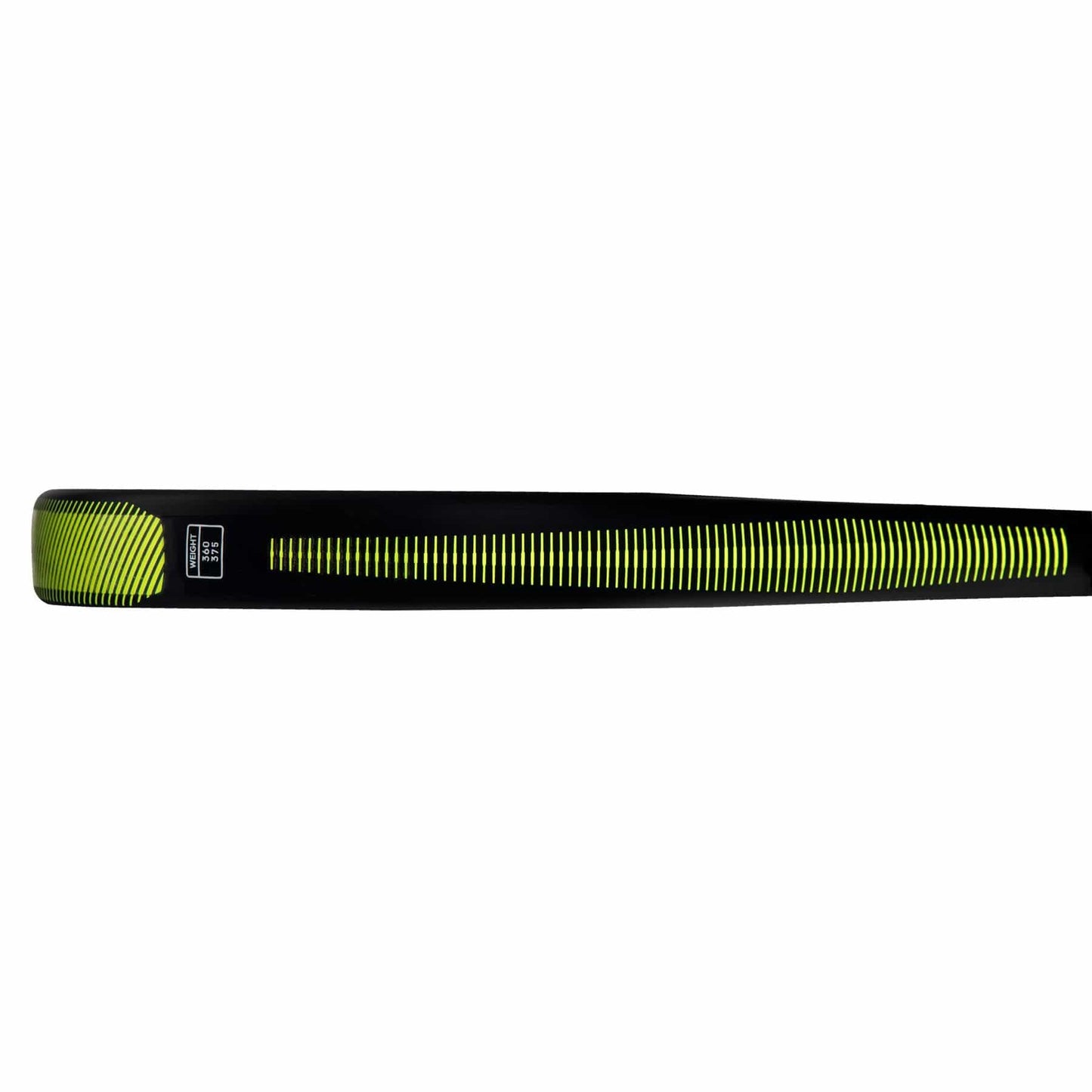 Close-up side view of the adidas RX Series Lime Padel Racket frame, showcasing yellow diagonal lines and a small logo near the handle. This sleek, modern racket is perfect for beginner to intermediate players.
