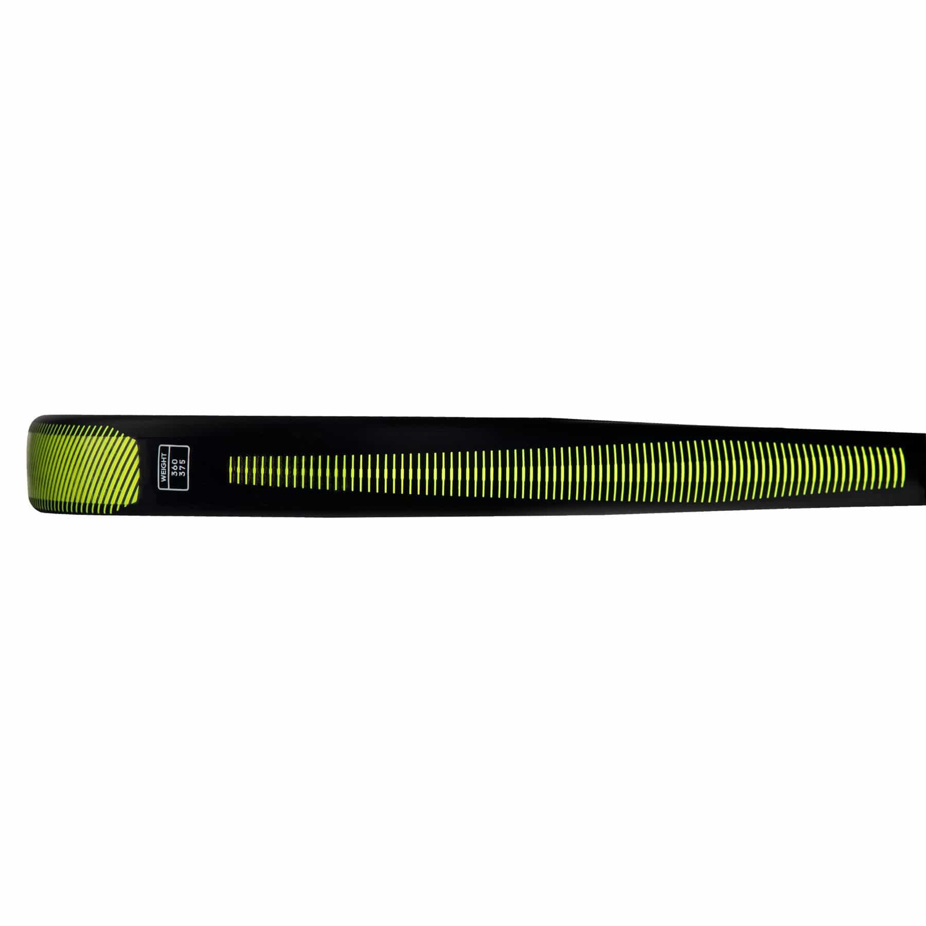 Close-up side view of the adidas RX Series Lime Padel Racket frame, showcasing yellow diagonal lines and a small logo near the handle. This sleek, modern racket is perfect for beginner to intermediate players.