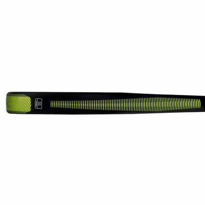 Close-up side view of the adidas RX Series Lime Padel Racket frame, showcasing yellow diagonal lines and a small logo near the handle. This sleek, modern racket is perfect for beginner to intermediate players.