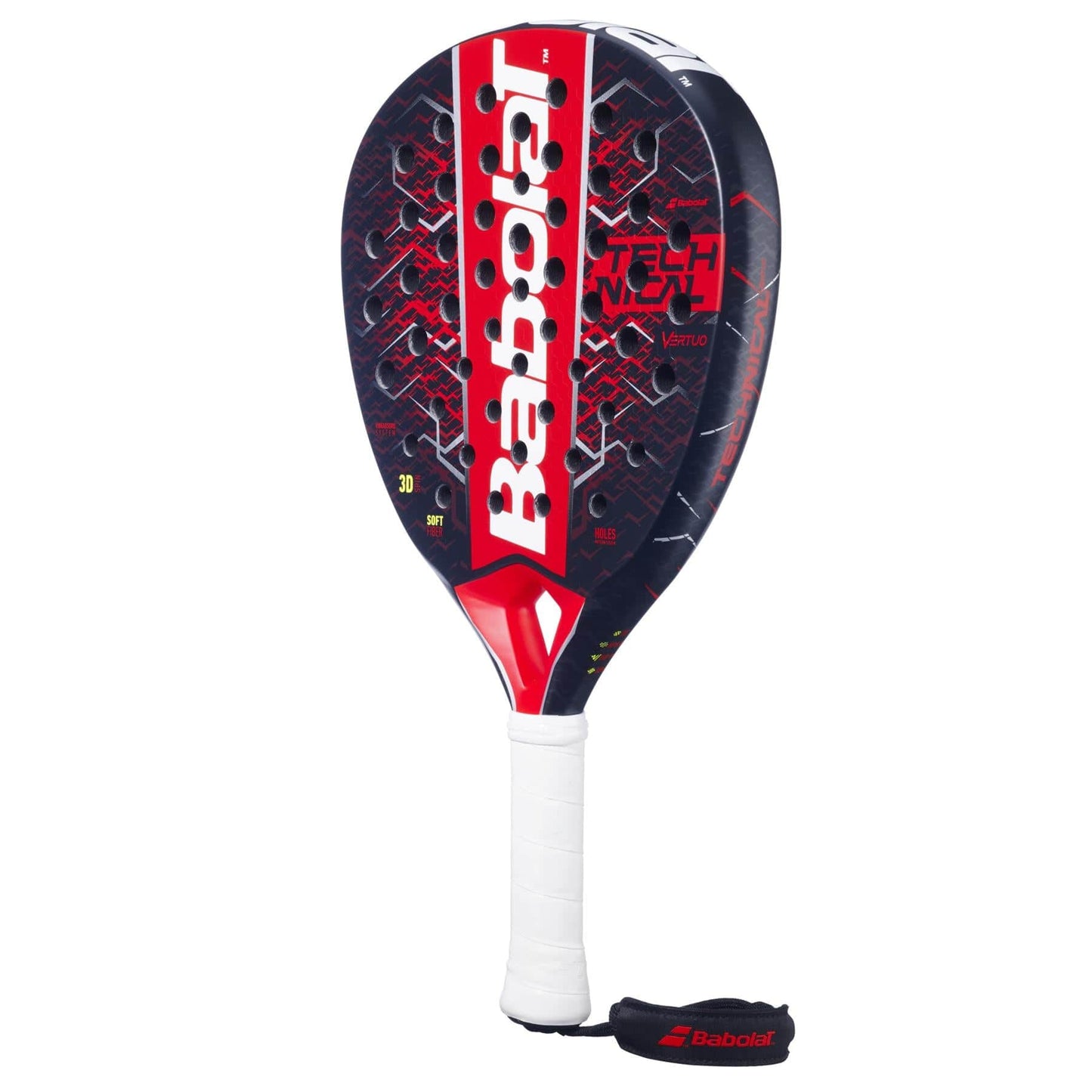The Babolat Technical Vertuo 2.5 Padel Racket features a black and red design, white grip, branded vertical lettering, and a black wrist strap—ideal for technical strikers seeking precision on the court.