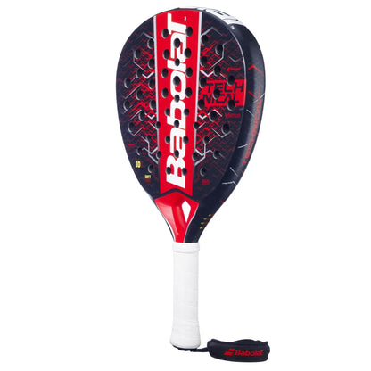 The Babolat Technical Vertuo 2.5 Padel Racket features a black and red design, white grip, branded vertical lettering, and a black wrist strap—ideal for technical strikers seeking precision on the court.