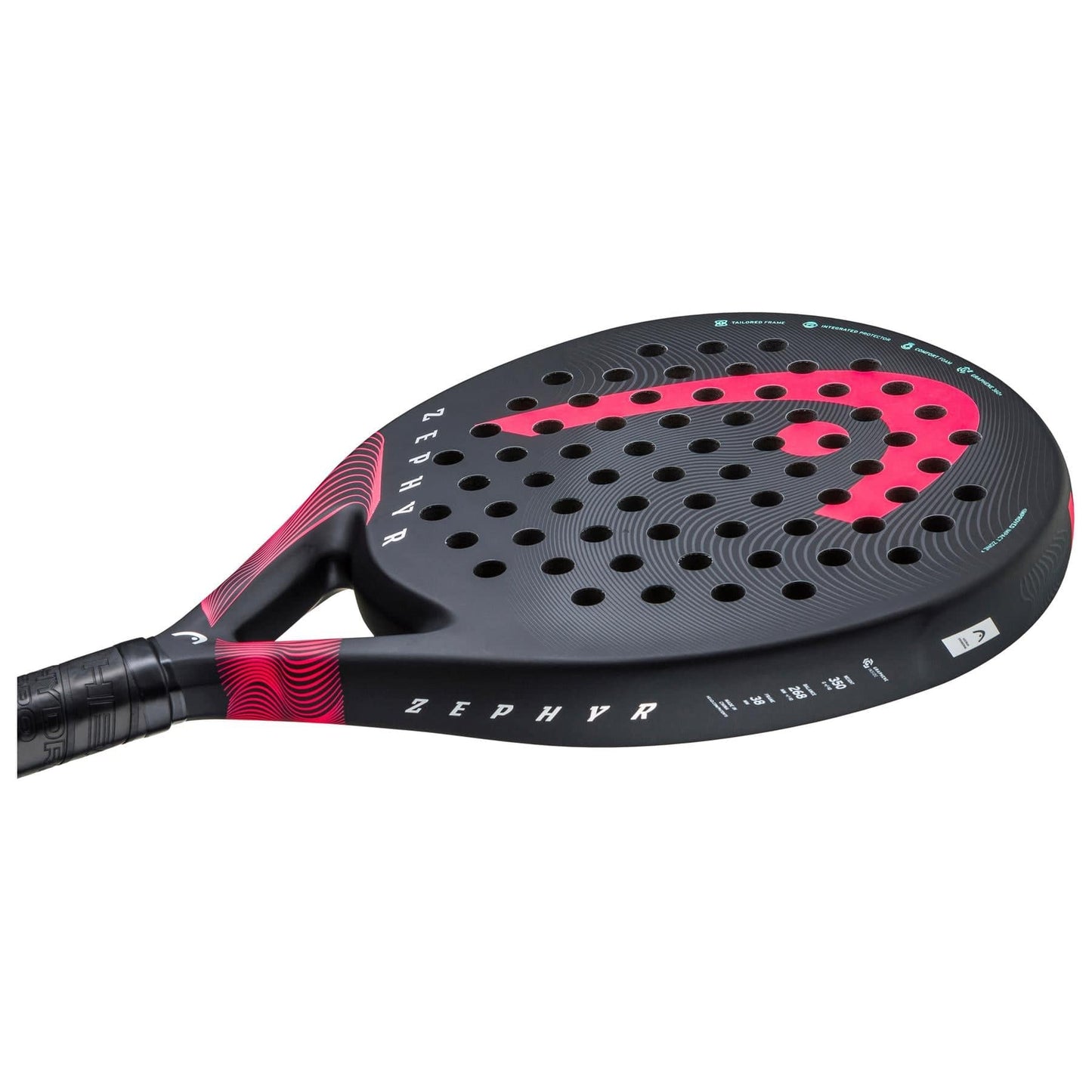 The HEAD Zephyr 2023 Padel Racket features a black and red design with a perforated surface, "ZEPHYR" on the side, curved red graphics, and subtle patterns on the black handle. Built with Graphene 360+ technology for extra power.
