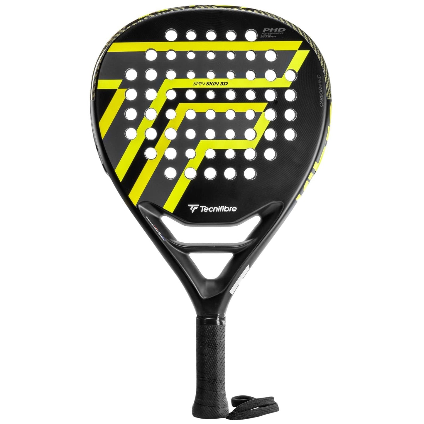 The Tecnifibre Wall Breaker 365 Padel Racket features a black design with yellow diagonal lines, circular holes, the Tecnifibre logo, black grip tape on the handle, and a wrist strap—perfect for attacking players seeking maximum power.