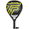 The Tecnifibre Wall Breaker 365 Padel Racket features a black design with yellow diagonal lines, circular holes, the Tecnifibre logo, black grip tape on the handle, and a wrist strap—perfect for attacking players seeking maximum power.