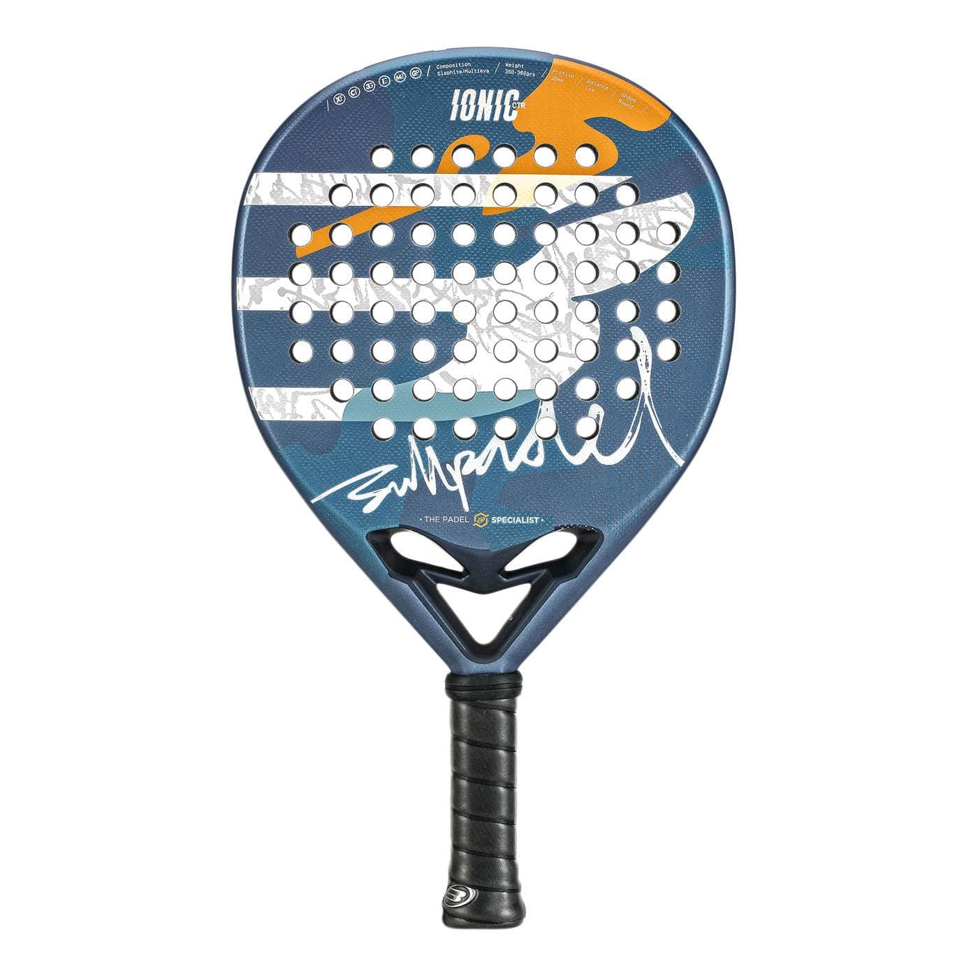 The Bullpadel Ionic Control 2025 Padel Racket features a blue face, black handle, white, orange, and blue abstract designs, multiple circular holes, and "IONIC" with a signature graphic—ideal for intermediate to advanced players.