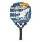 The Bullpadel Ionic Control 2025 Padel Racket features a blue face, black handle, white, orange, and blue abstract designs, multiple circular holes, and "IONIC" with a signature graphic—ideal for intermediate to advanced players.