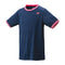 The Yonex 10578 Crew Neck Men's Padel T-Shirt in Indigo Marine features a subtle swirl pattern with red and white trim on the collar and sleeves. Equipped with VeryCool technology for superior UV reduction, it also includes a small red logo on the left chest.