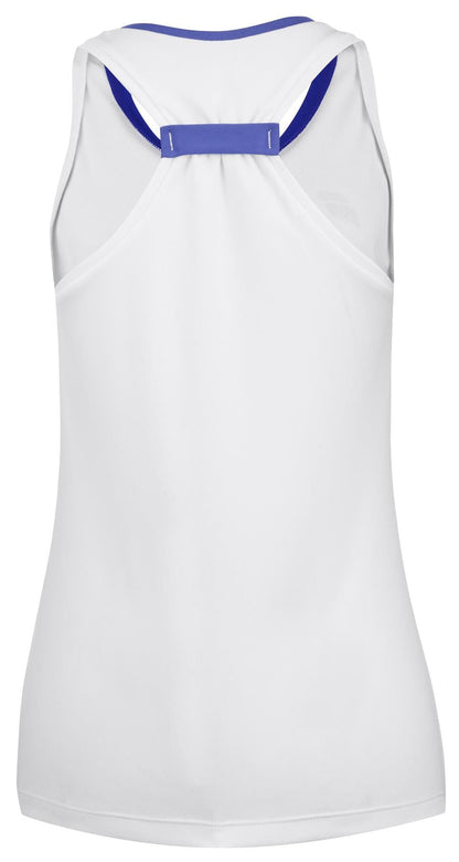 The image displays the back view of a white Babolat Play Women's Padel Tank Top, highlighted with blue accents on the straps and neckline. Designed with Fiber Dry-polyester, the fabric is lightweight and breathable, making it perfect for athletic activities.