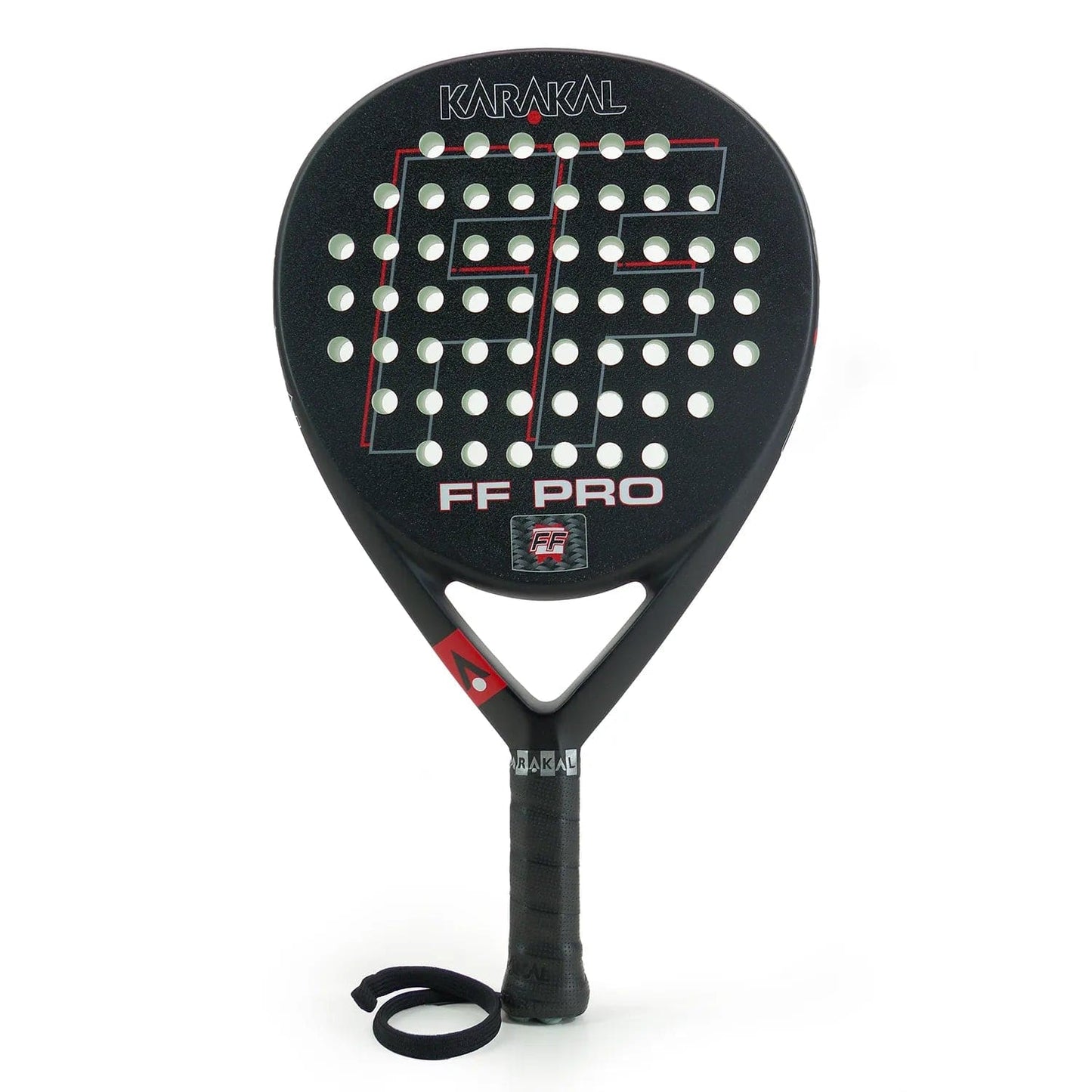 The Karakal FF Pro 375 Padel Racket is black with white and red accents, made for advanced players. It offers a perforated face for better spin, bold Karakal branding, and a wrist strap on the handle.