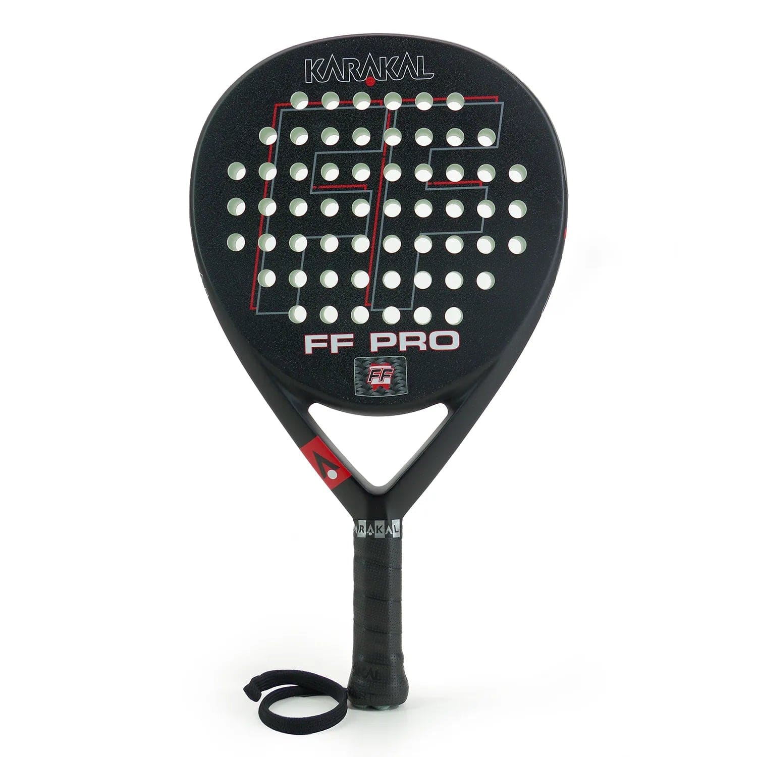 The Karakal FF Pro 375 Padel Racket is black with white and red accents, made for advanced players. It offers a perforated face for better spin, bold Karakal branding, and a wrist strap on the handle.