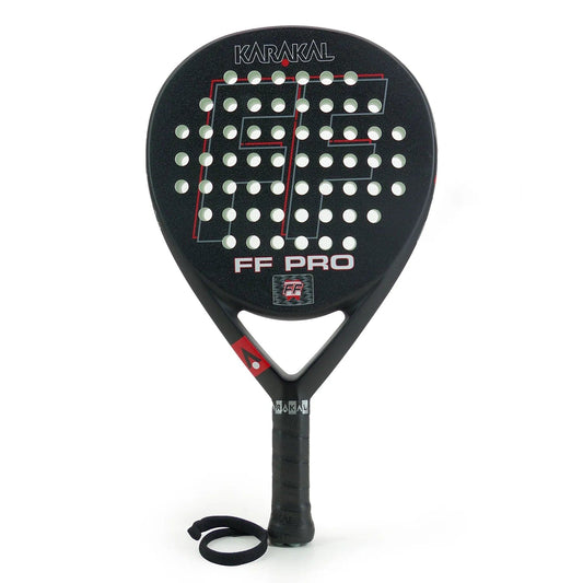 The Karakal FF Pro 375 Padel Racket is black with white and red accents, made for advanced players. It offers a perforated face for better spin, bold Karakal branding, and a wrist strap on the handle.