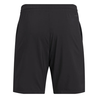 Discover the adidas Men's 3 Stripe Padel Shorts. Crafted from recycled materials, these black shorts offer an elastic waistband and side pockets for a comfortable, sustainable fit. Displayed on a plain white background, they blend style and functionality seamlessly.