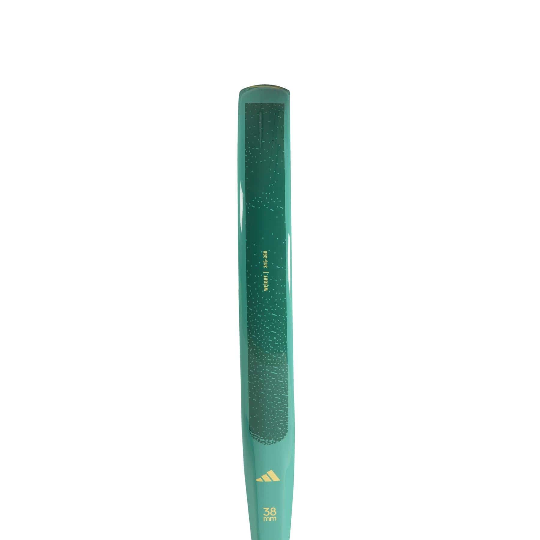 A green field hockey stick with a textured grip, seen from the front. It features a gold "38 mm" marking and adidas logo near the base, styled like branding on an ADIDAS Drive Light 3.4 Padel Racket. The background is plain white.