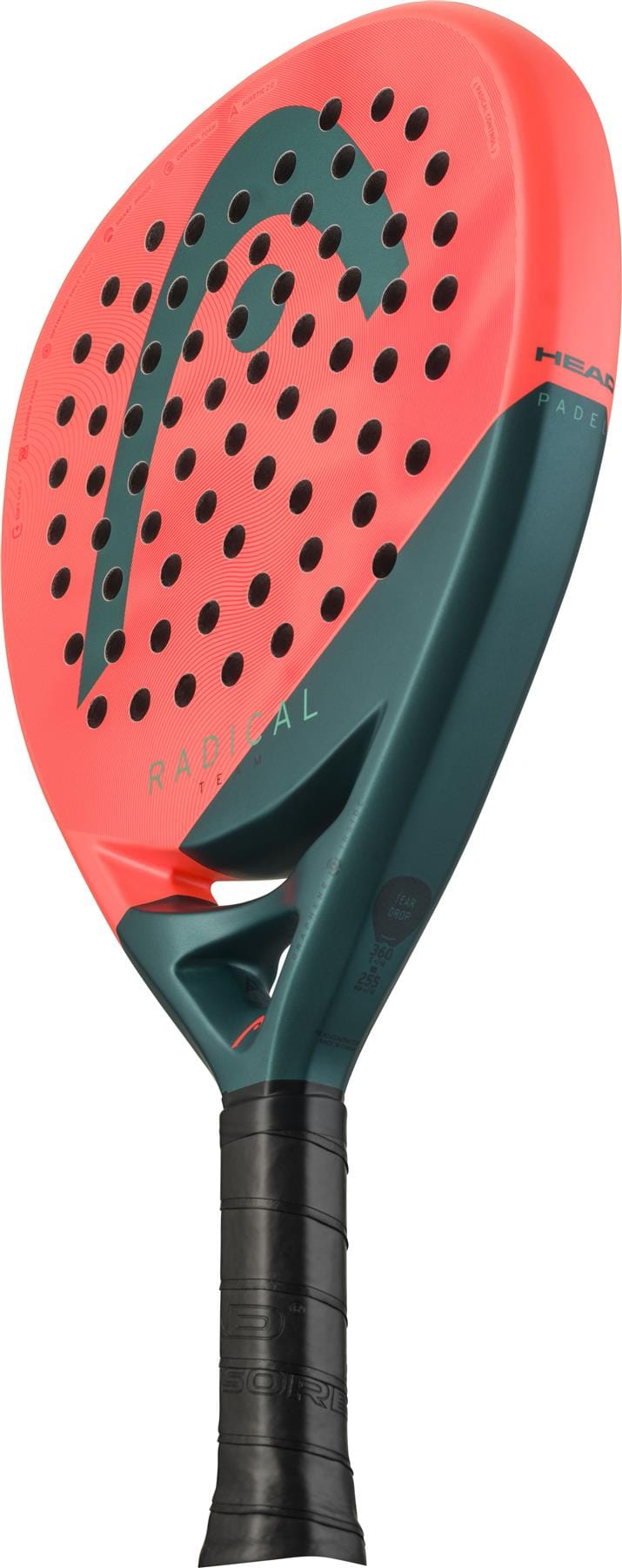 A close-up of the HEAD Radical Team 2026 Padel Racket, ideal for intermediate to advanced players, shows its red face with black perforations, bold HEAD logo, dark green edge and handle, and black grip tape.