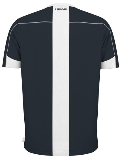 The back view of the sporty navy HEAD Play Tech Mens Padel T-Shirt shows a vertical white stripe, short sleeves, and the HEAD logo on the neckline. It's enhanced with Moisture Transfer Microfiber technology for ultimate comfort.