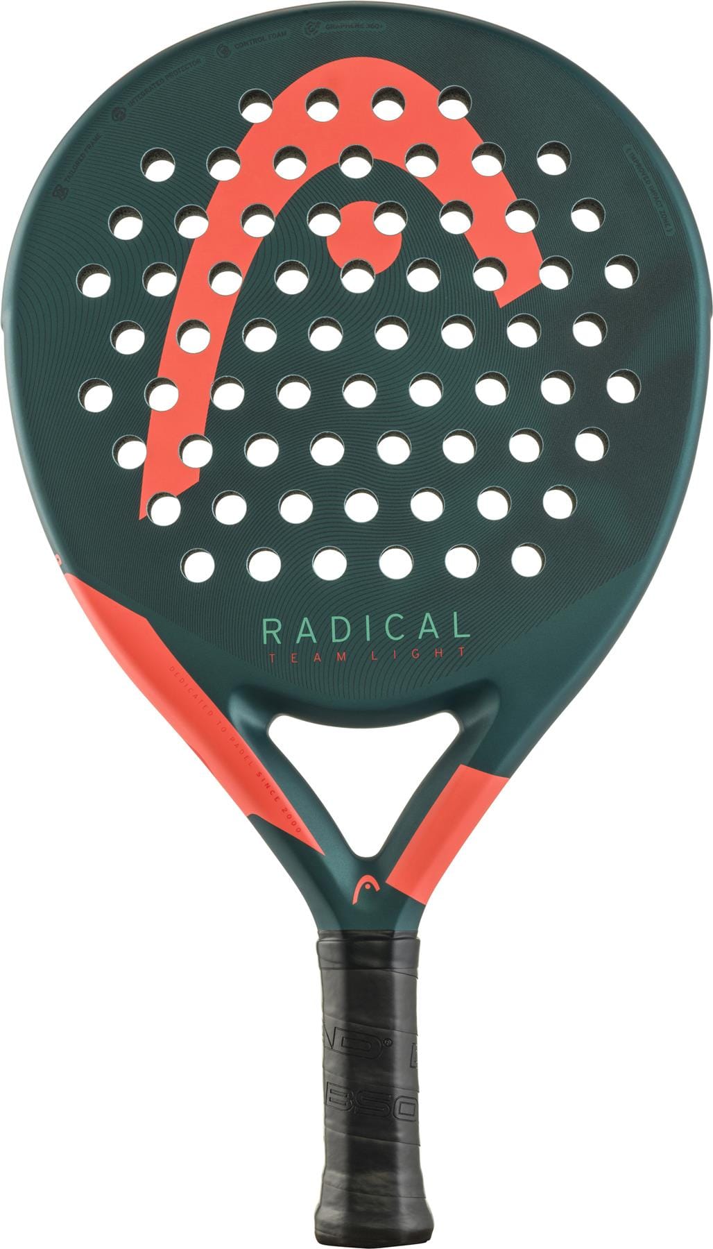 The HEAD Radical Team Light 2026 Padel Racket features a green and orange design, a perforated face with the logo and "Radical Team LighT" text, plus a lightweight build and black textured grip handle.