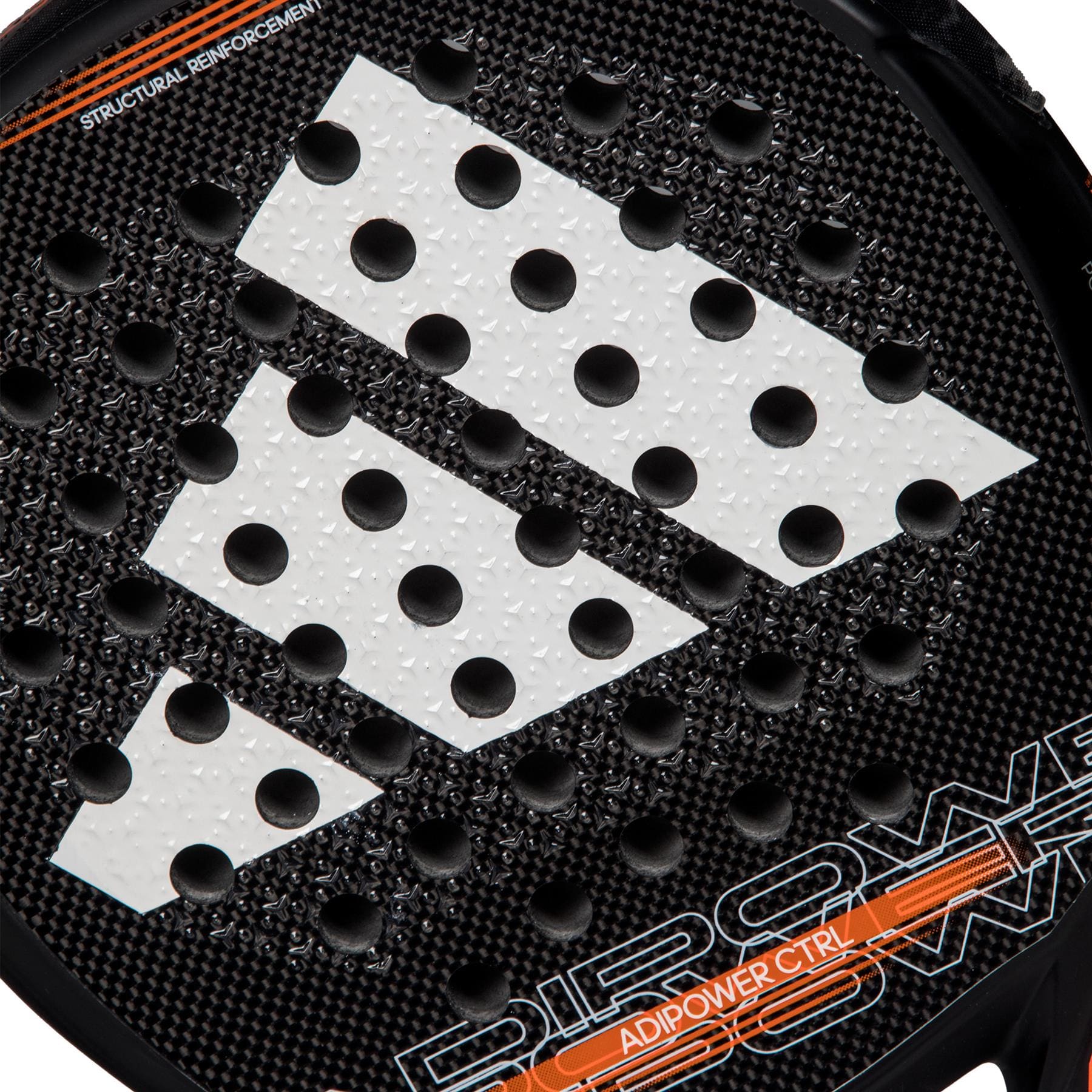 Close-up of the adidas ADIDAS Adipower CTRL 3.3 Padel Racket in black, featuring three white stripes, perforated surface with water droplets, and “ADIPOWER CTRL” text near the bottom highlighting this control racket.
