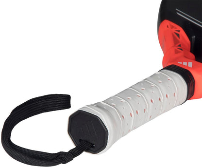 A close-up of the adidas Metalbone Team 2026 Padel Racket handle with a white grip, black end cap, and wrist strap; the upper part is red and black, designed for advanced players seeking Spin Blade Gritt technology.