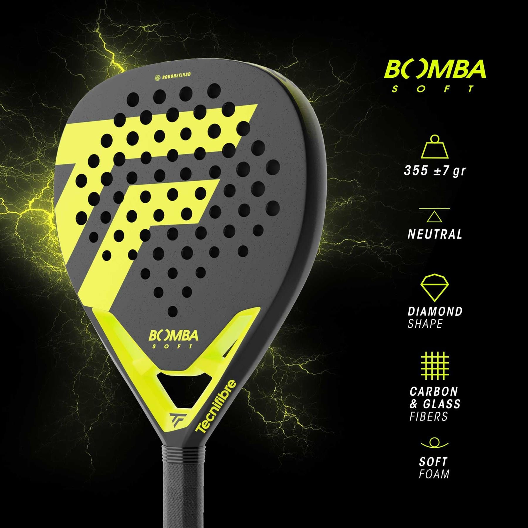 The Tecnifibre Bomba Soft Padel Racket combines a sleek black and yellow look with a comfortable 355 ±7g weight, neutral balance, diamond shape, and a strong carbon/fibreglass build—perfect for stylish play.