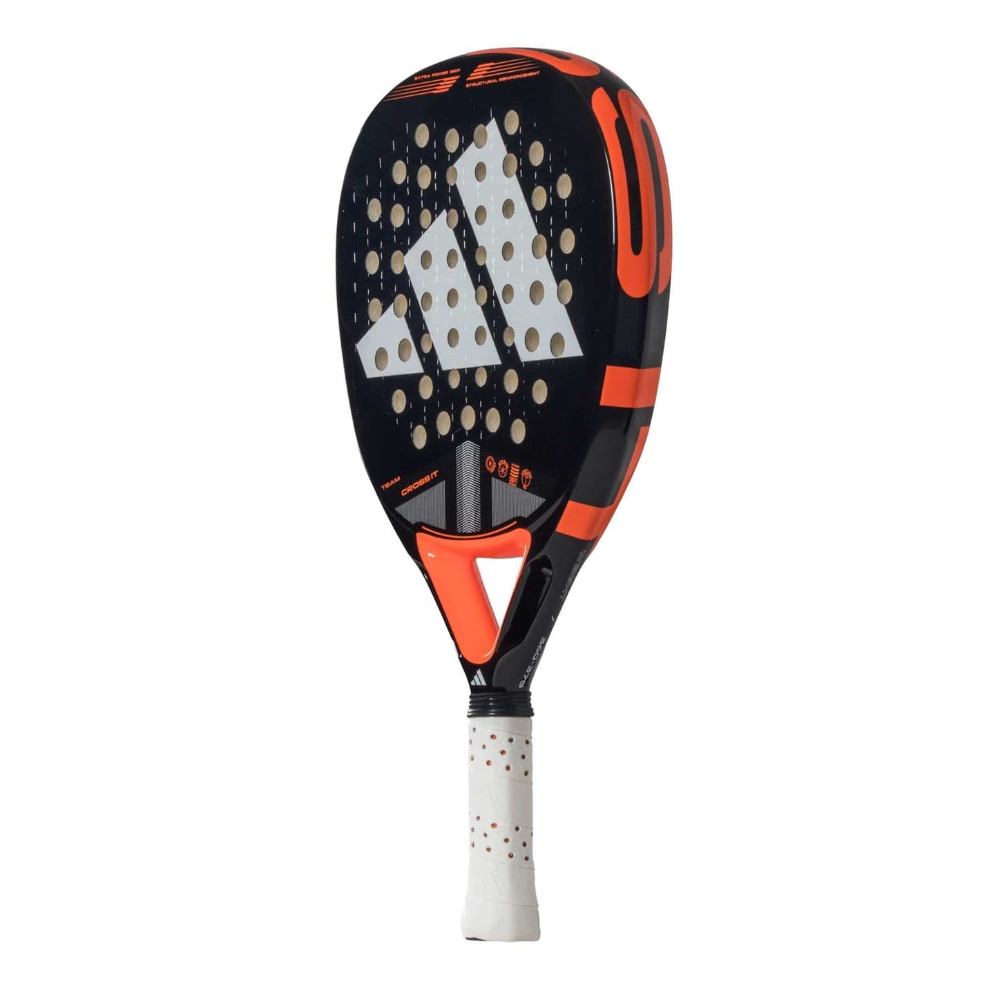 The adidas Cross It Team 3.4 Padel Racket in black and orange features a large white adidas logo, circular holes for power and control, plus a white grip with red dots—ideal for advanced padel racket players.